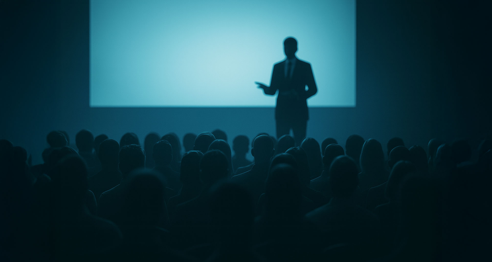 Speaker steht vor einer Leinwand, im Vordergrund ist ein Publikum zu sehen