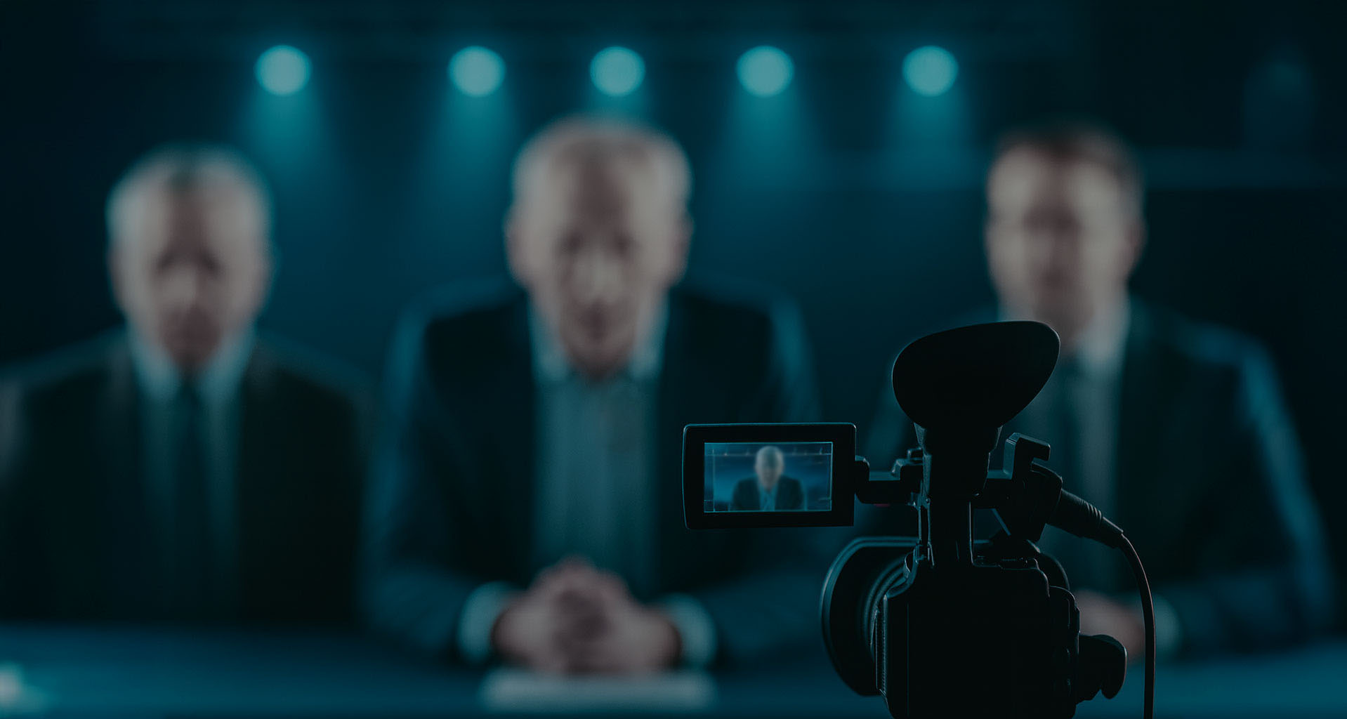 Videokamera filmt drei unscharf im Hintergrund sitzende Personen unter Bühnenlicht; eine der Personen ist im Kameradisplay scharf sichtbar