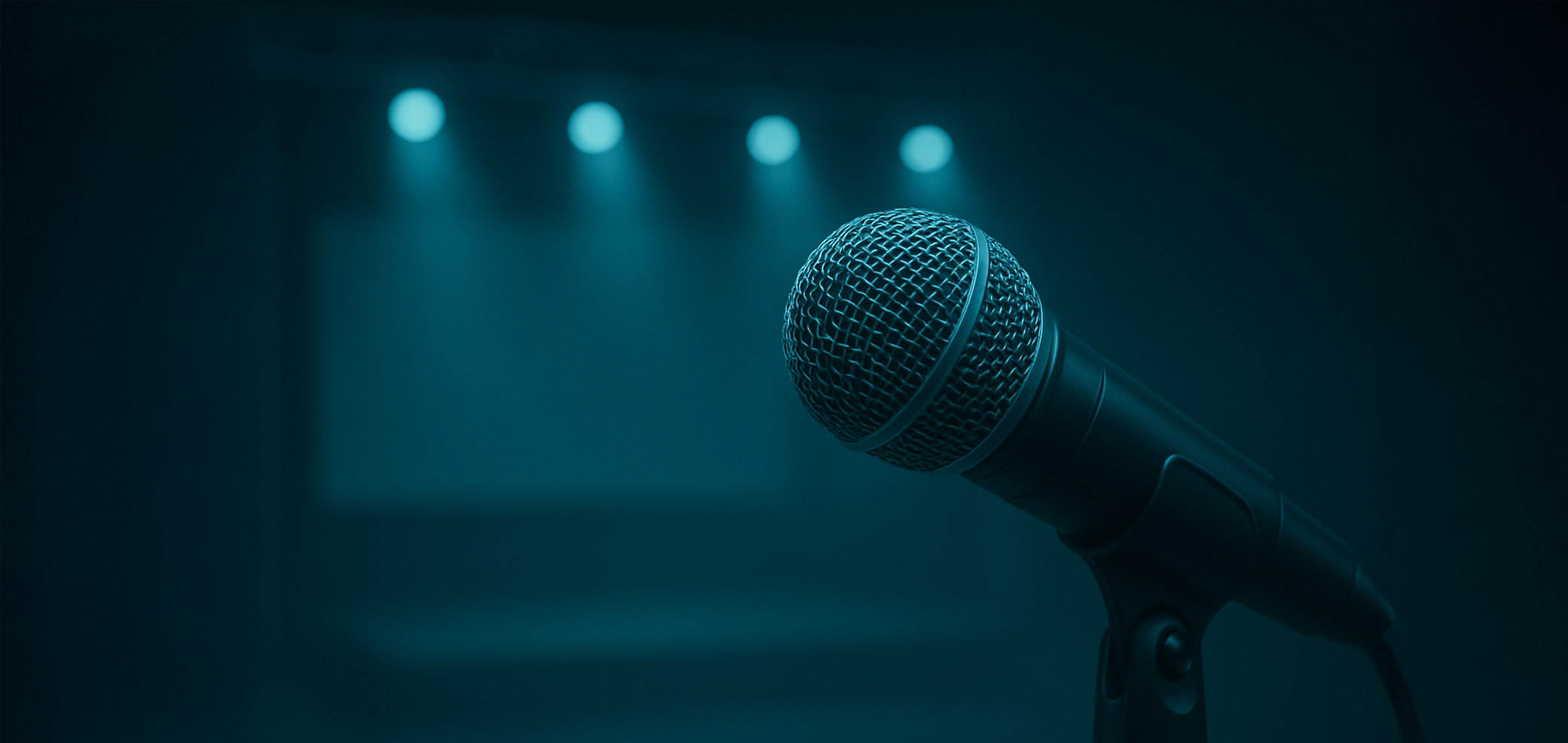 Nahaufnahme eines Mikrofons vor einer dunkel ausgeleuchteten Bühne mit dezenten Spotlights im Hintergrund